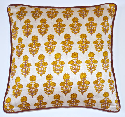 Floral Infusion Raw Silk Cushion Cover-Mustard