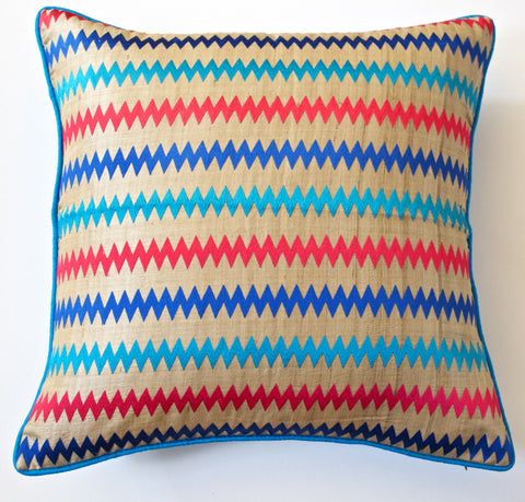 Heartbeat Ikat Raw Silk Cushion Cover- Beige/Blue