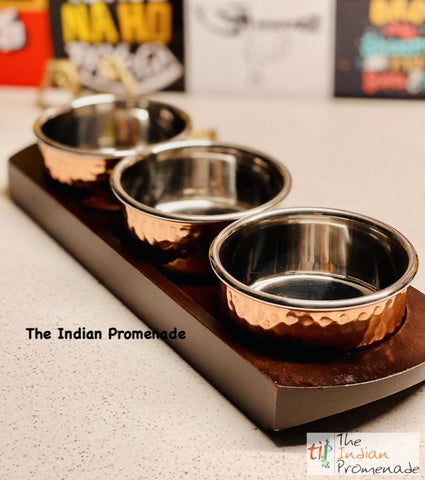 Hammered Copper and Steel Dip Katori ( bowl) with a Serving Base