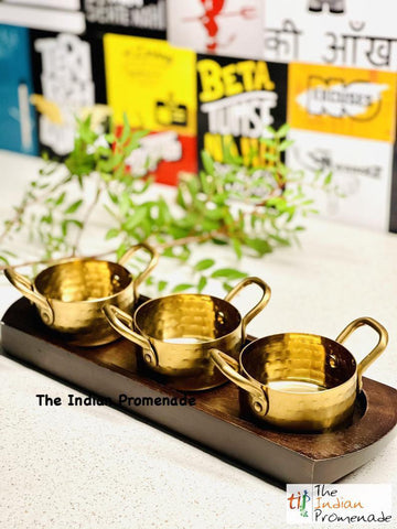 Hammered Vintage Brass Matt finish Mini Casserole with a Wooden Serving Base