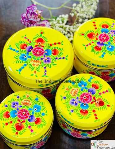 Set of 4 handpainted enamelware steel containers - yellow