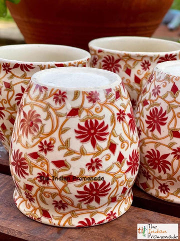 Glazed Kulhad Chai Glasses-Floral Red , set of 6