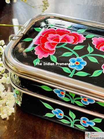 Hand Painted Enamelware Stainless Steel 2 tier Lunch Box /Lunch Tin (Black)