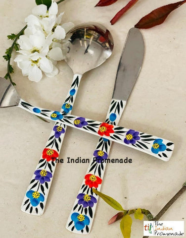 Hand-painted Floral Kashmir Enamelware Cutlery set of 18- White