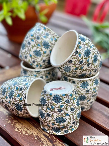 Glazed Kulhad Chai Glasses-Floral Blue , set of 6