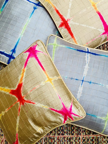 Pure Silk Tie & Dye Cushion Cover with Subtle Gold Zari Stripes- Grey