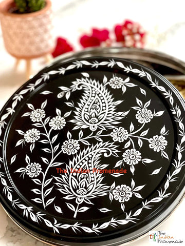 Hand Painted Paisley Enamelware Masala Dani (Spice Box) -Black