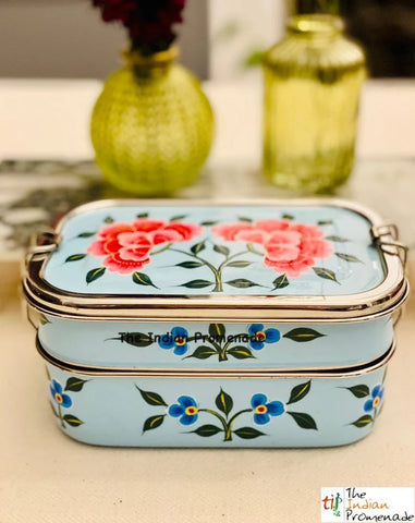 Hand Painted Enamelware Stainless Steel 2 tier Lunch Box /Lunch Tin ( Blue)