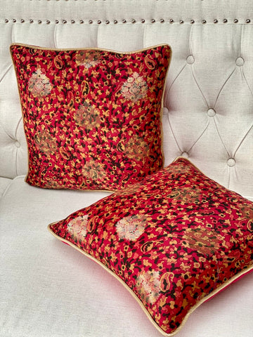 Printed Chanderi with Subtle Gold Weave Cushion Cover- Red