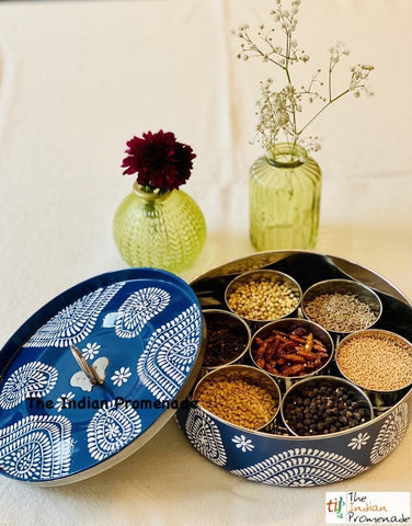 Hand Painted Enamelware Masala Dani ( Spice Box ) Midnight Blue