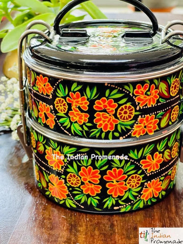 2-Tier HandPainted Kashmir Enamelware Stainless Steel Tiffin-Black/Orange