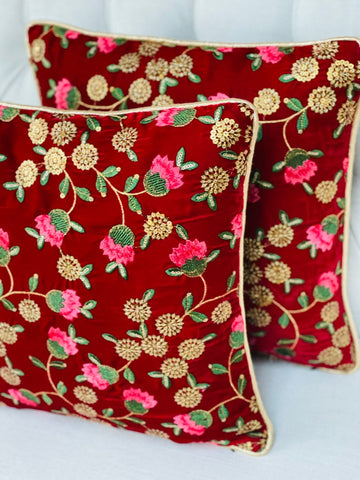 Red Velvet with Floral Embroidery and Sitara Work Cushion Cover