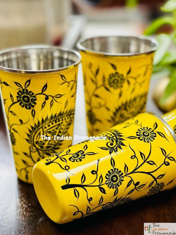 Yellow Paisley Hand Painted Kashmir Enamelware Stainless Steel Tumblers ( set of 4)