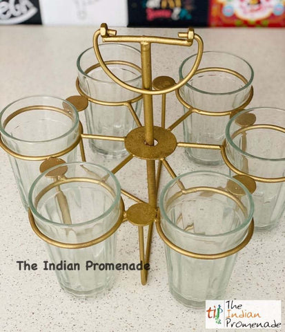 Cutting Chai Glasses in a Round Gold Powder Finish Stand( set of 6 with stand)