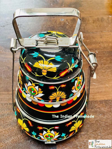 3 Tier Black Hand Painted Enamelware Stainless Steel Tiffin