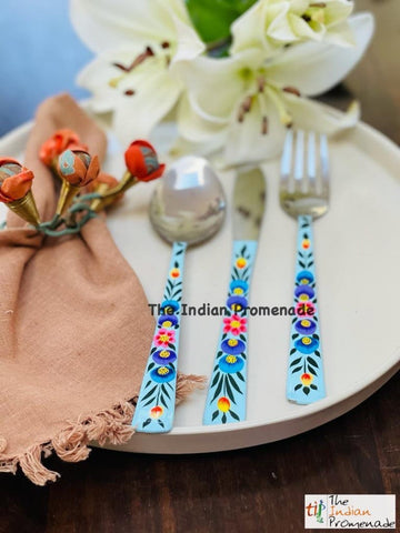 Hand-painted Floral Kashmir Enamelware Cutlery set of 18- Turquoise Blue