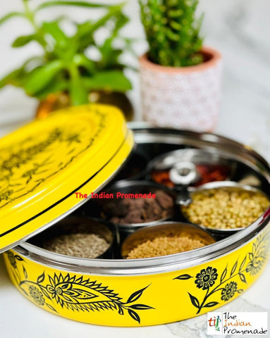 Hand Painted Paisley Enamelware Masala Dani (Spice Box)-Yellow