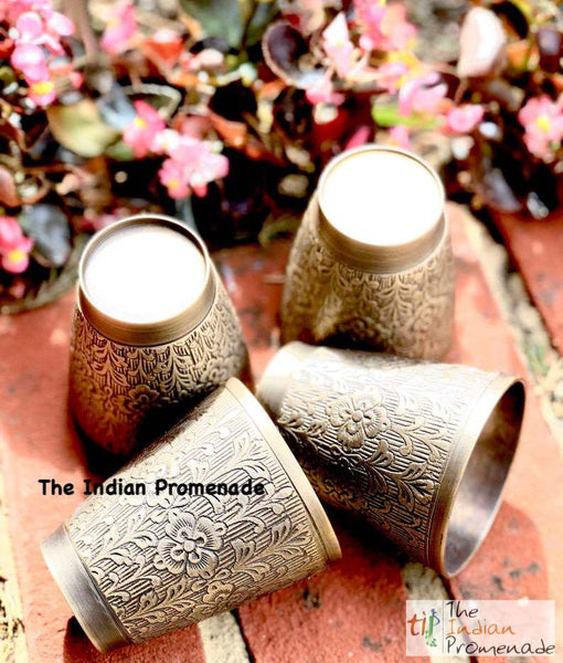 Antique Silver finish Brass glasses with Floral Etching