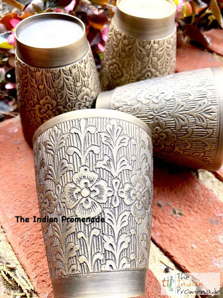 Antique Silver finish Brass glasses with Floral Etching