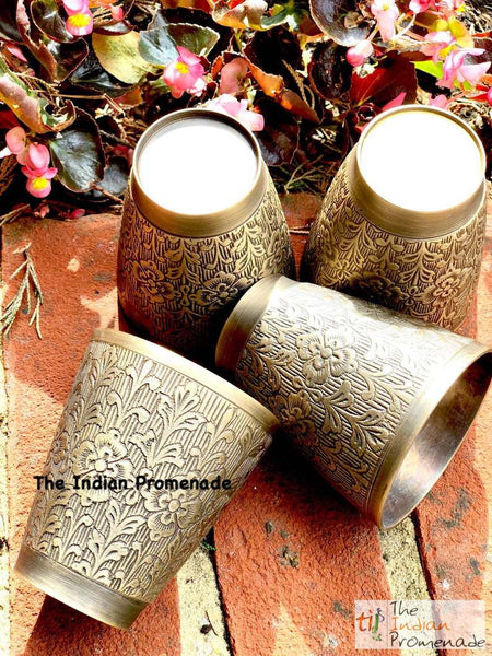 Antique Silver finish Brass glasses with Floral Etching