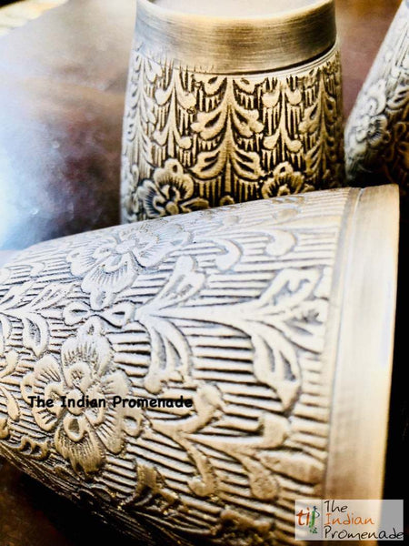Antique Silver finish Brass glasses with Floral Etching