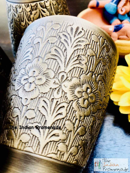 Antique Silver finish Brass glasses with Floral Etching