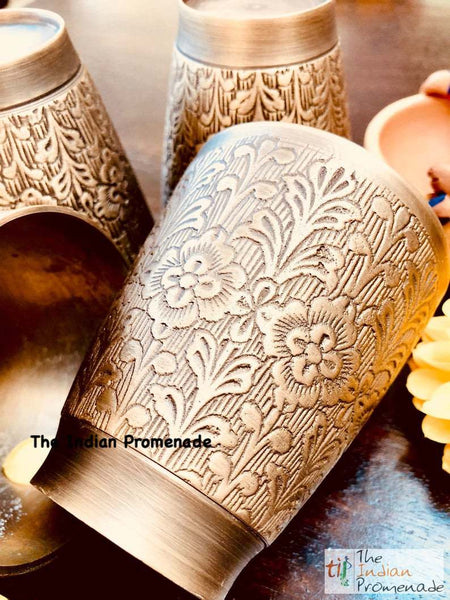Antique Silver finish Brass glasses with Floral Etching