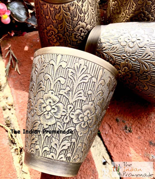 Antique Silver finish Brass glasses with Floral Etching