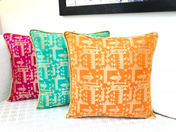 Hot Pink Aztec Peacock design with gold zari weave cushion cover