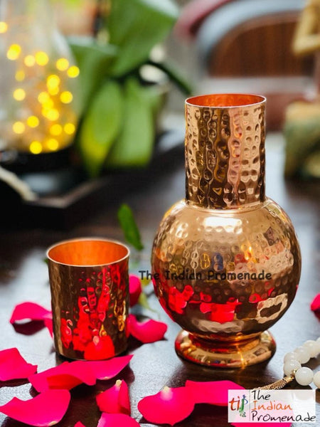 Bedside Hammered Copper Carafe ( Surahi Style) with tumbler lid