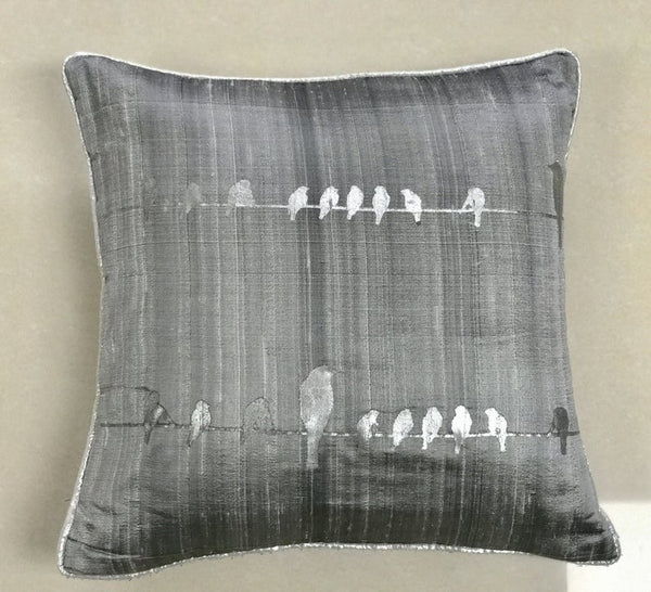 Birds On Wire Screenprinted Cushion Cover-Grey