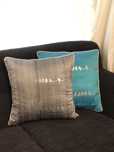 Birds on Wire Screenprinted Cushion Cover-Turquoise