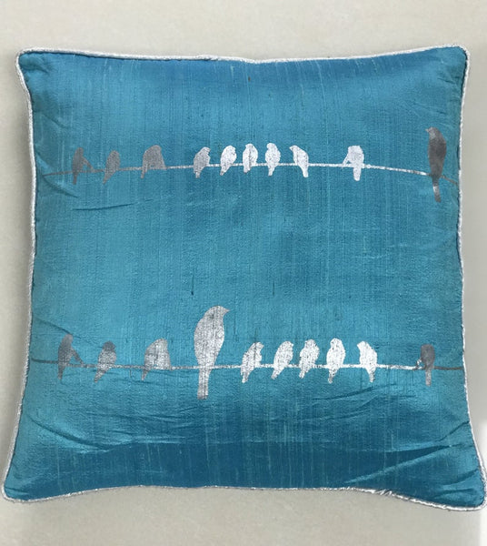 Birds on Wire Screenprinted Cushion Cover-Turquoise