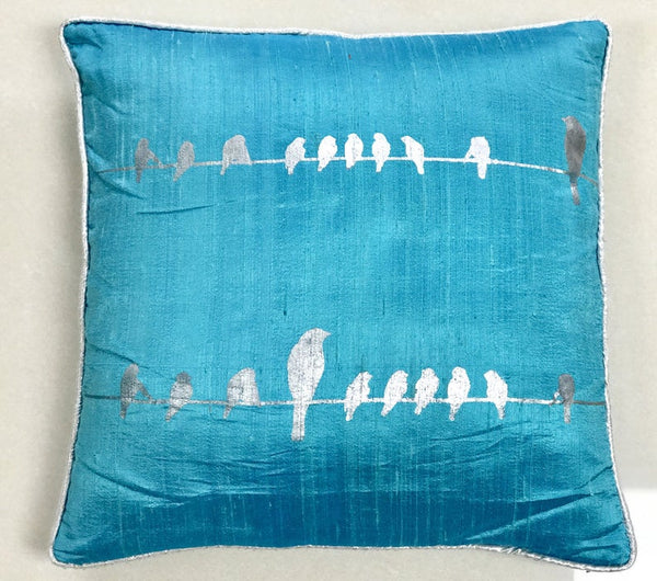 Birds on Wire Screenprinted Cushion Cover-Turquoise