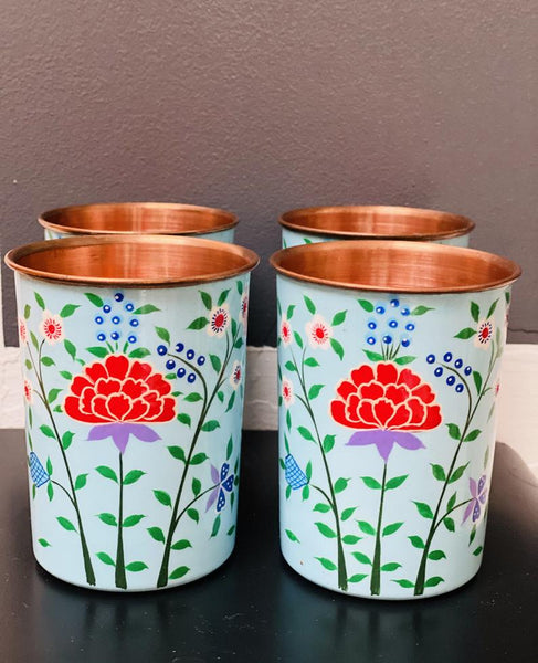 Blue Hand Painted Enamelware Copper Tumblers( set of 4)