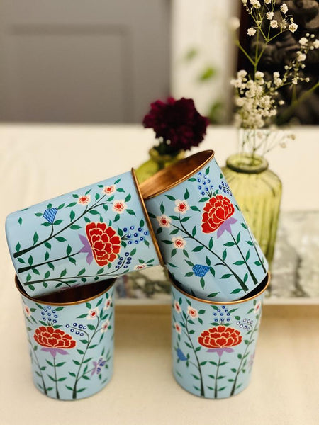 Blue Hand Painted Enamelware Copper Tumblers( set of 4)