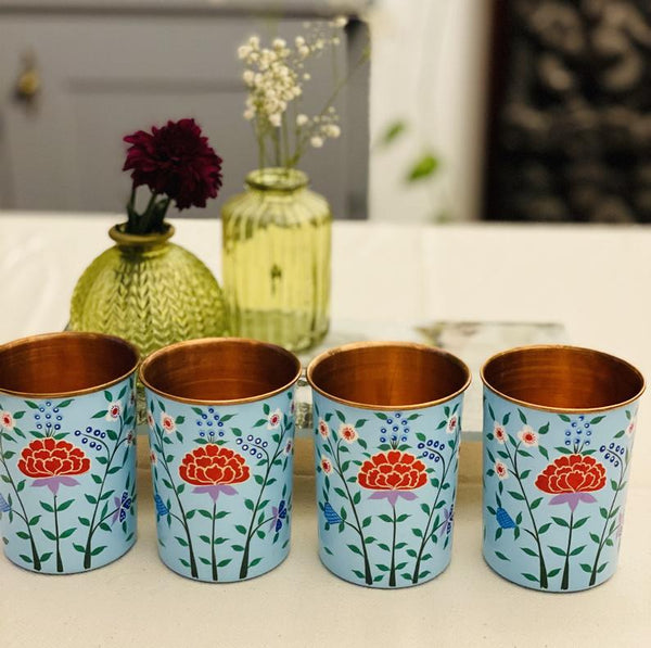Blue Hand Painted Enamelware Copper Tumblers( set of 4)