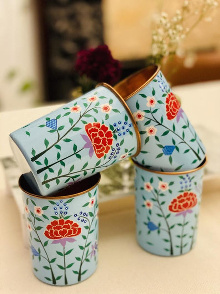 Blue Hand Painted Enamelware Copper Tumblers( set of 4)