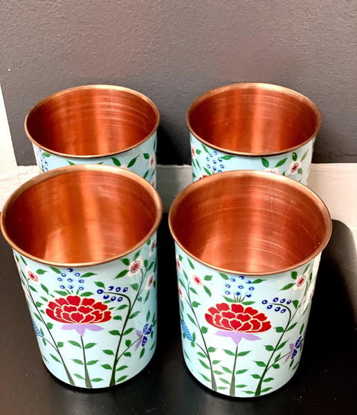Blue Hand Painted Enamelware Copper Tumblers( set of 4)