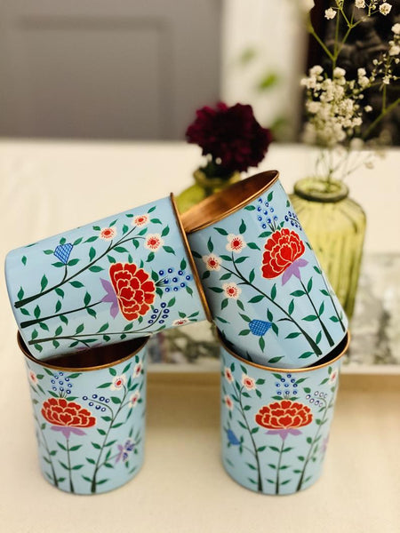 Blue Hand Painted Enamelware Copper Tumblers( set of 4)