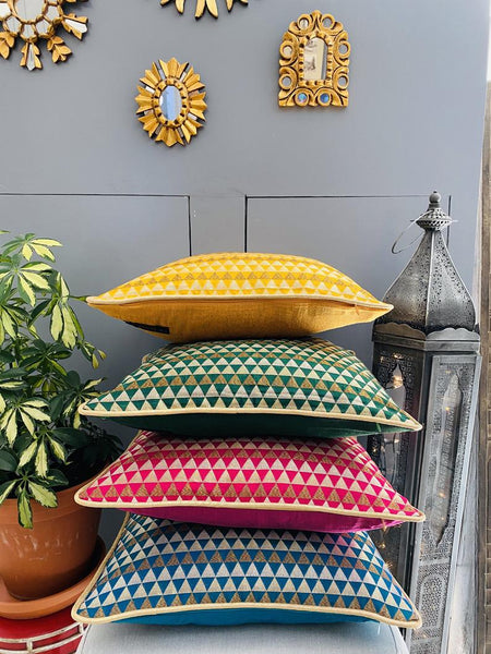 Chanderi Silk woven geometric design cushion Cover - Magenta / Red