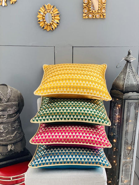 Chanderi Silk woven geometric design cushion Cover - Green