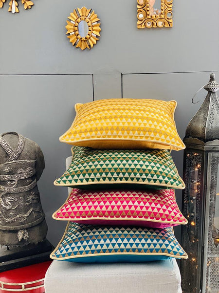 Chanderi Silk woven geometric design cushion Cover - Green