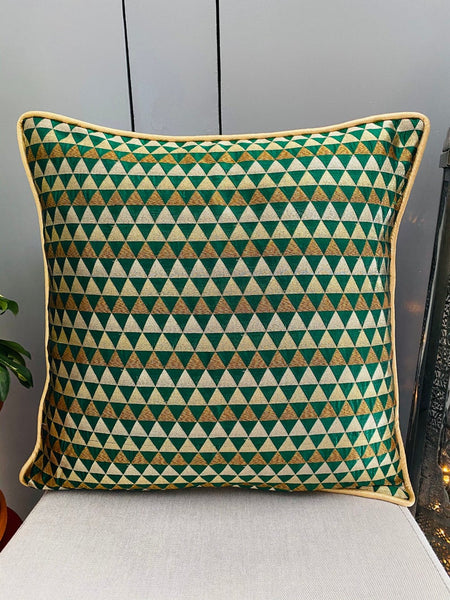 Chanderi Silk woven geometric design cushion Cover - Green