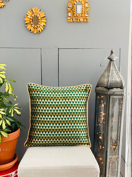 Chanderi Silk woven geometric design cushion Cover - Green