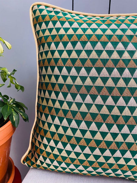 Chanderi Silk woven geometric design cushion Cover - Green