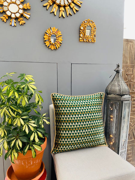 Chanderi Silk woven geometric design cushion Cover - Green