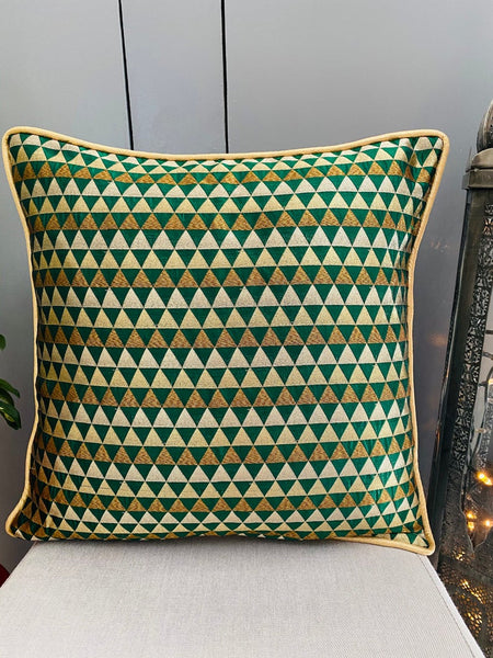 Chanderi Silk woven geometric design cushion Cover - Green
