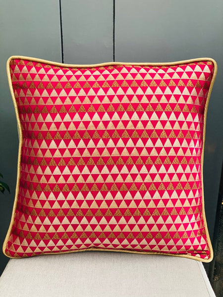 Chanderi Silk woven geometric design cushion Cover - Magenta / Red