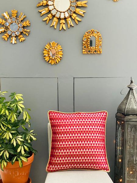 Chanderi Silk woven geometric design cushion Cover - Magenta / Red